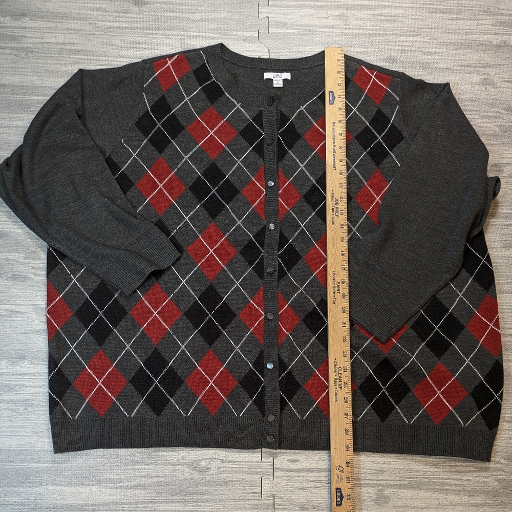 Croft & Barrow Women's Argyle Cardigan Charcoal Red Preppy Academia Classic 4X - Picture 4 of 9